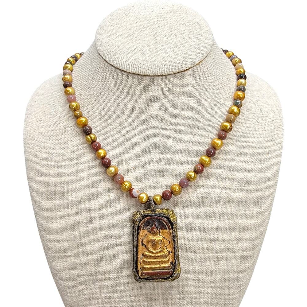 Thai Buddhist Phra Somdej Buddha Amulet Necklace Golden Pearl Gemstone Beads